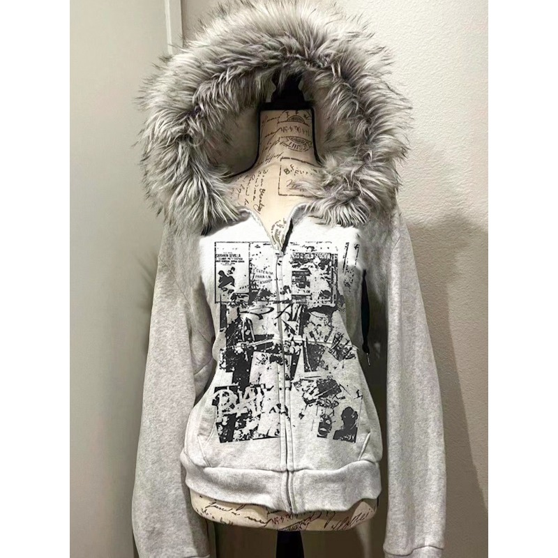 Street Fashion Zip Up Hoodie - Grey Faux Fur Wool Double Zipper