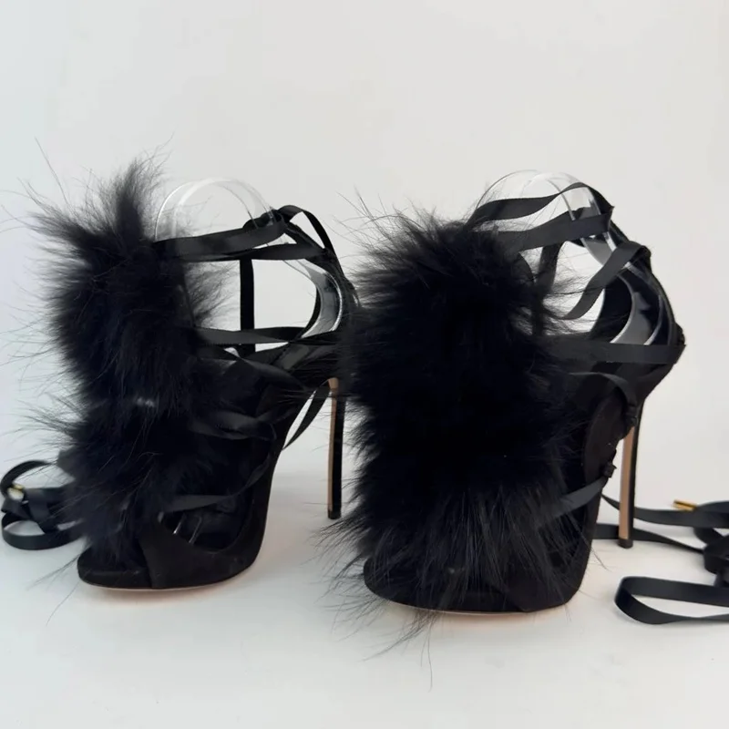 Street Fashion Runway - Fur Lace Up Peep Toe Hollow