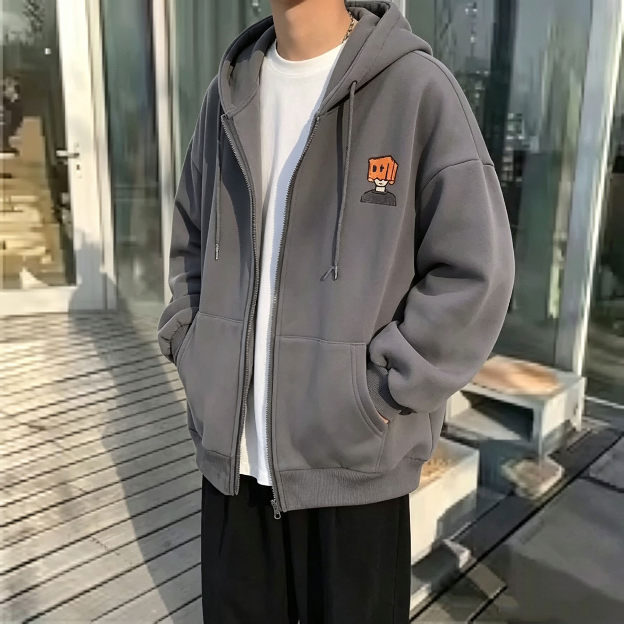 Street Fashion Zip Up Hoodie - High Street Hoodie Men Solid Color