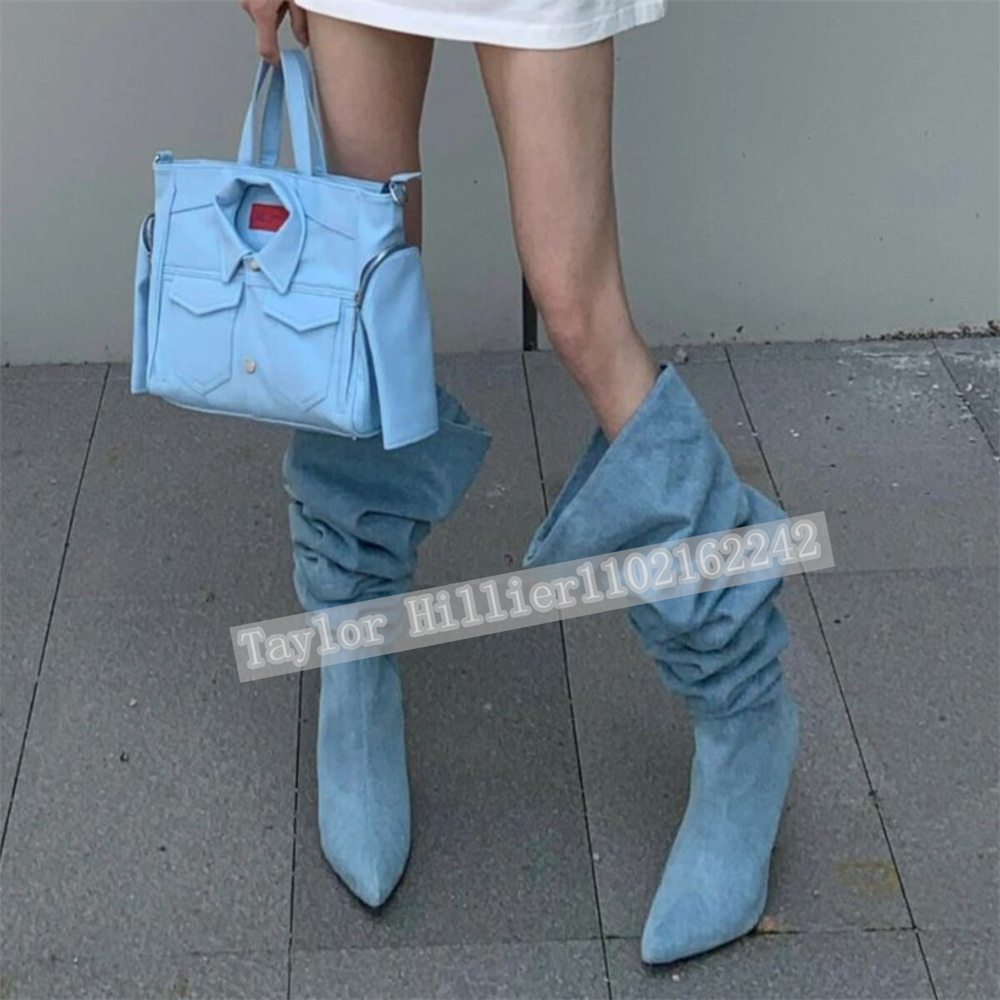 Street Fashion Runway - Springtime Blue Denim Pleated Slouch Shoes