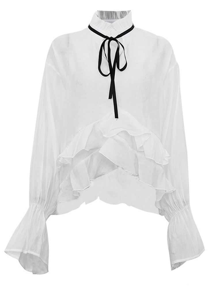 White Ruffle Hem Tie Neck Blou - огляд і ціна Fashion Street Night