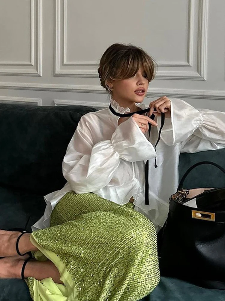 White Ruffle Hem Tie Neck Blou - огляд і ціна Fashion Street Night