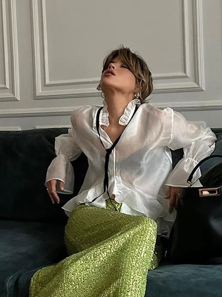 White Ruffle Hem Tie Neck Blou - огляд і ціна Fashion Street Night